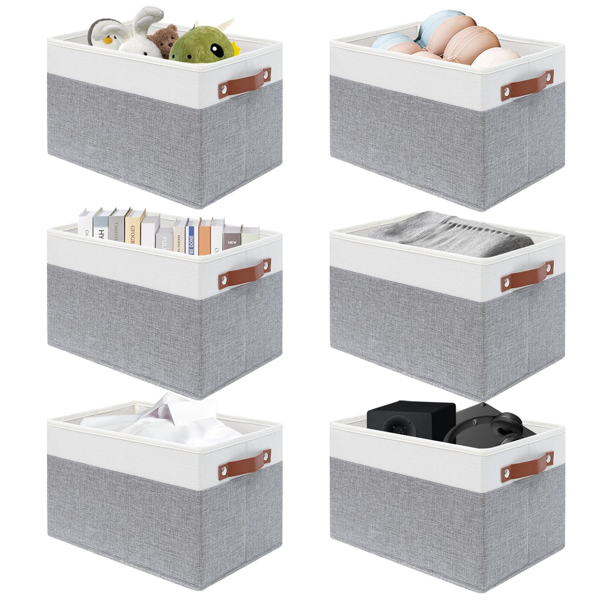 SNWDN 6 Pack Collapsible Fabric Storage Baskets with Handles (White/Beige 15''Lx10.2''Wx9''H)