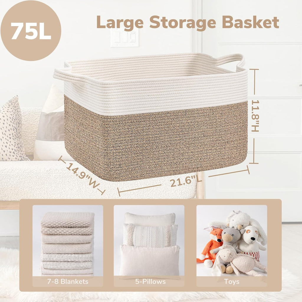 Goodpick Large Woven Rope Blanket Basket, Rectangle, White & Light Brown