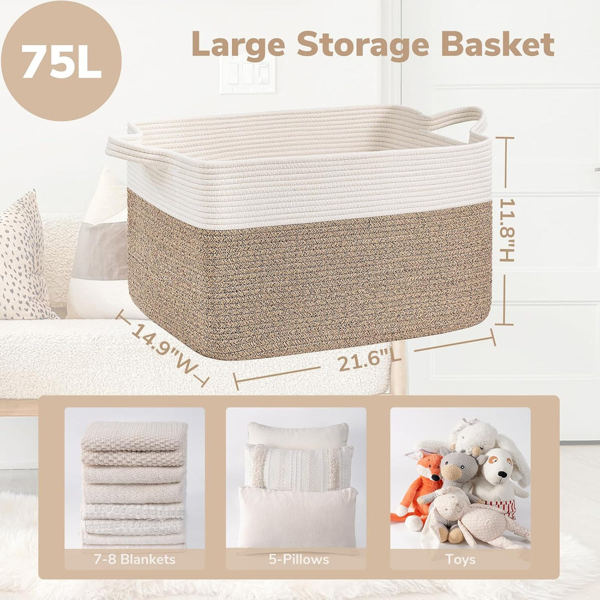 Goodpick Large Woven Rope Blanket Basket, Rectangle, White & Light Brown