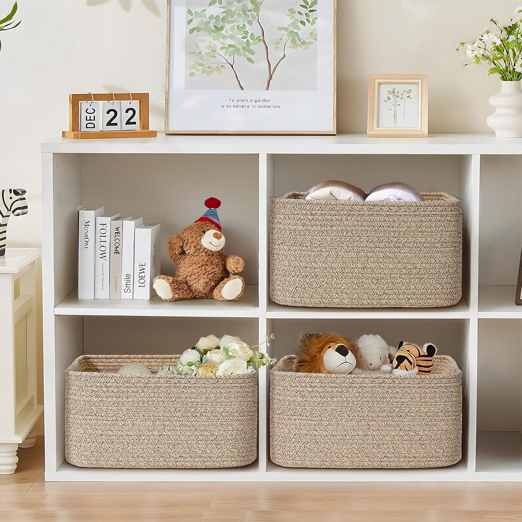 2 Pack Large Storage Basket for Organizing, 17.5"x13"x7" Woven Basket for Shelves, Closet Cube Storage Bins with Wrapped Handle, Cotton Rope Baskets for Kitchen, Clothes, Toys (Natural)