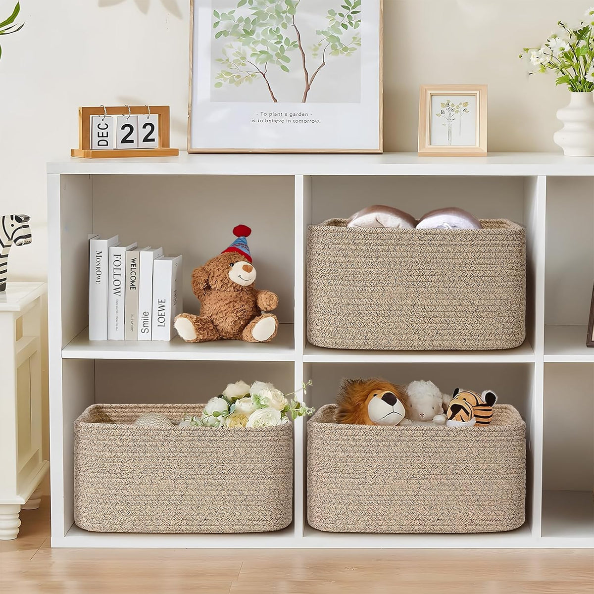 2 Pack Large Storage Basket for Organizing, 17.5"x13"x7" Woven Basket for Shelves, Closet Cube Storage Bins with Wrapped Handle, Cotton Rope Baskets for Kitchen, Clothes, Toys (Natural)