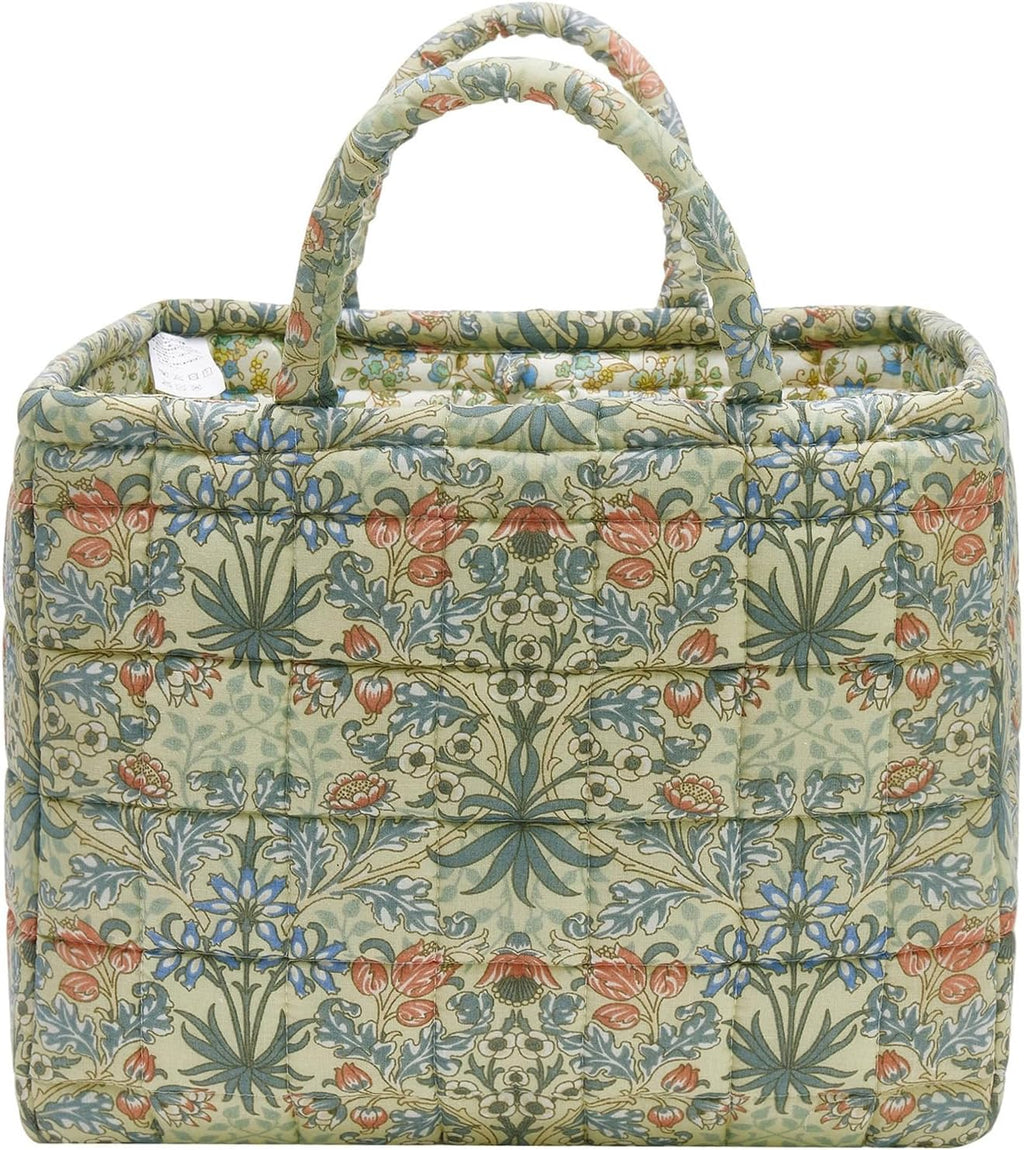 Quilted Fabric Storage Baskets with Handles, Boho Floral Gift Basket Foldable Organizer Bin for Home Decor, Picnic, Travel 12''x10''x10'' (Light Green)