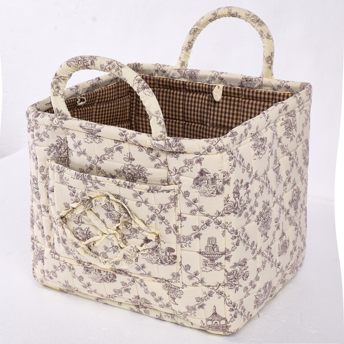 Quilted Fabric Car Storage Basket with Handles & Pocket, Foldable Laundry Hamper Boho Floral Print Organizer Bin for Home, Picnic, Office Nursery Cloth Toy 12"x10"x10" (Style E)