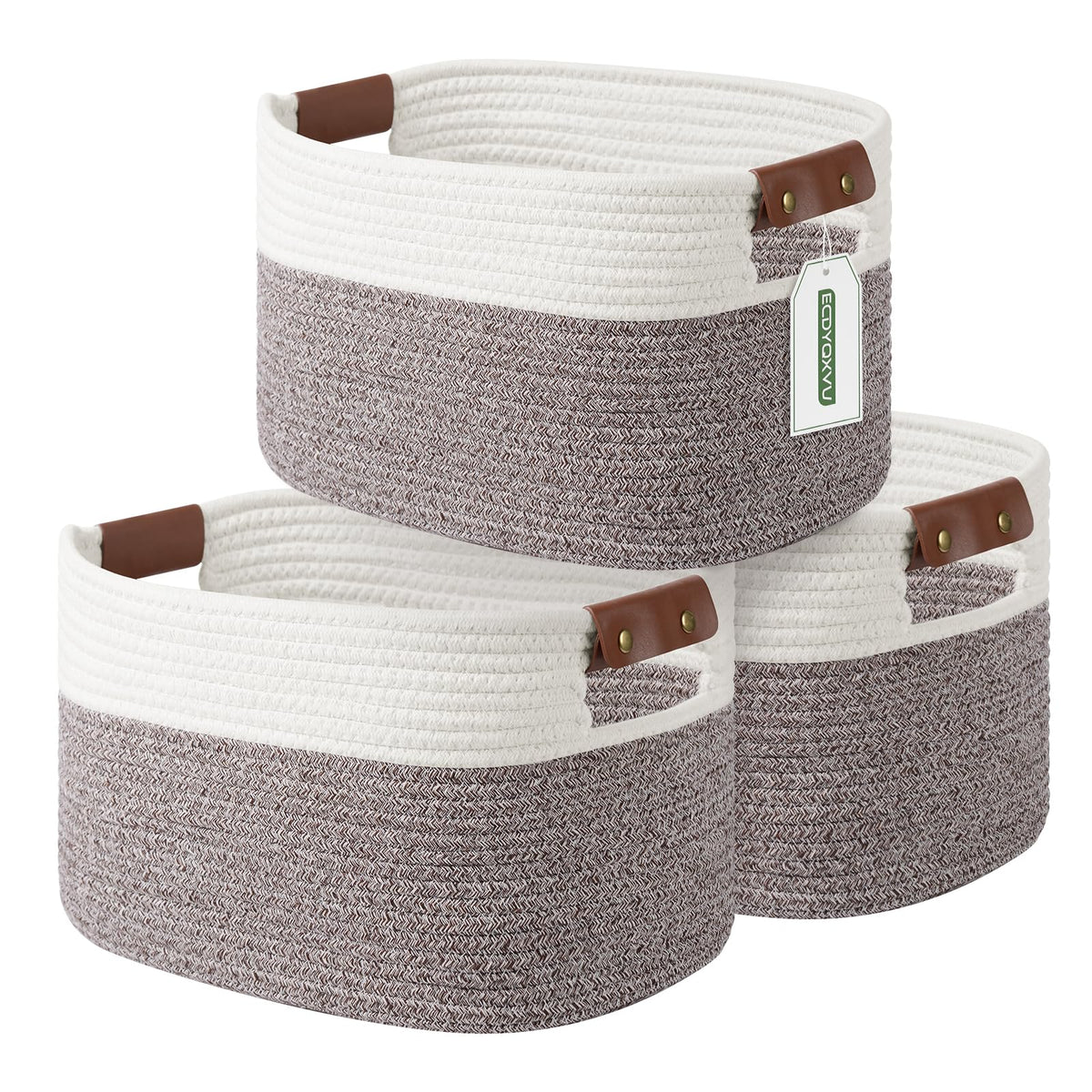 ECDYQXVU 15x10x9 Woven Cotton Rope Storage Basket, Leather Handles 1 Pack