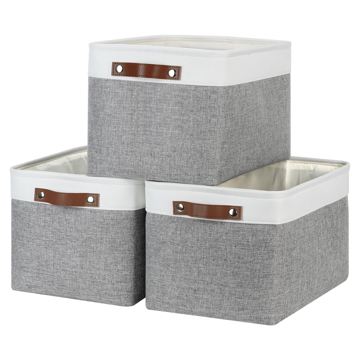 DULLEMELO Fabric Storage Bins for Laundry, Home, Foldable Storage Baskets for Shelves, Toys, Collapsible Storage Bins for Office, Closet,Bedroom(White&Khaki,L-15"x11"x9.5",4-Pack)