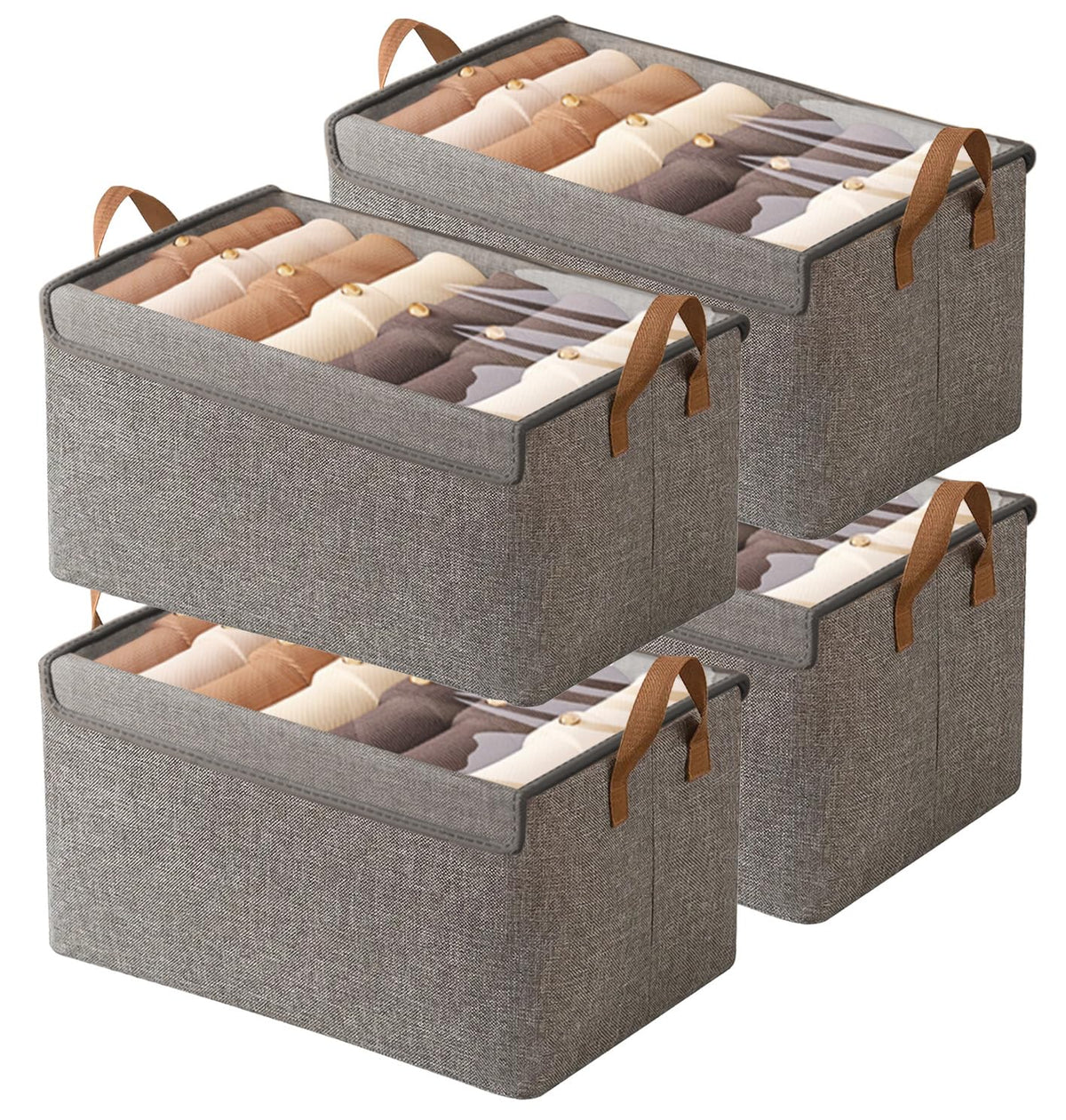 AARAINBOW Linen Closet Organizer Storage Bin with Steel Frame, Stackable Fabric Jeans Baskets for Shelves, 4 Packs Foldable Wardrobe Clothes Box for Sweater Pants Towel Shirt Storage, 23L Gray