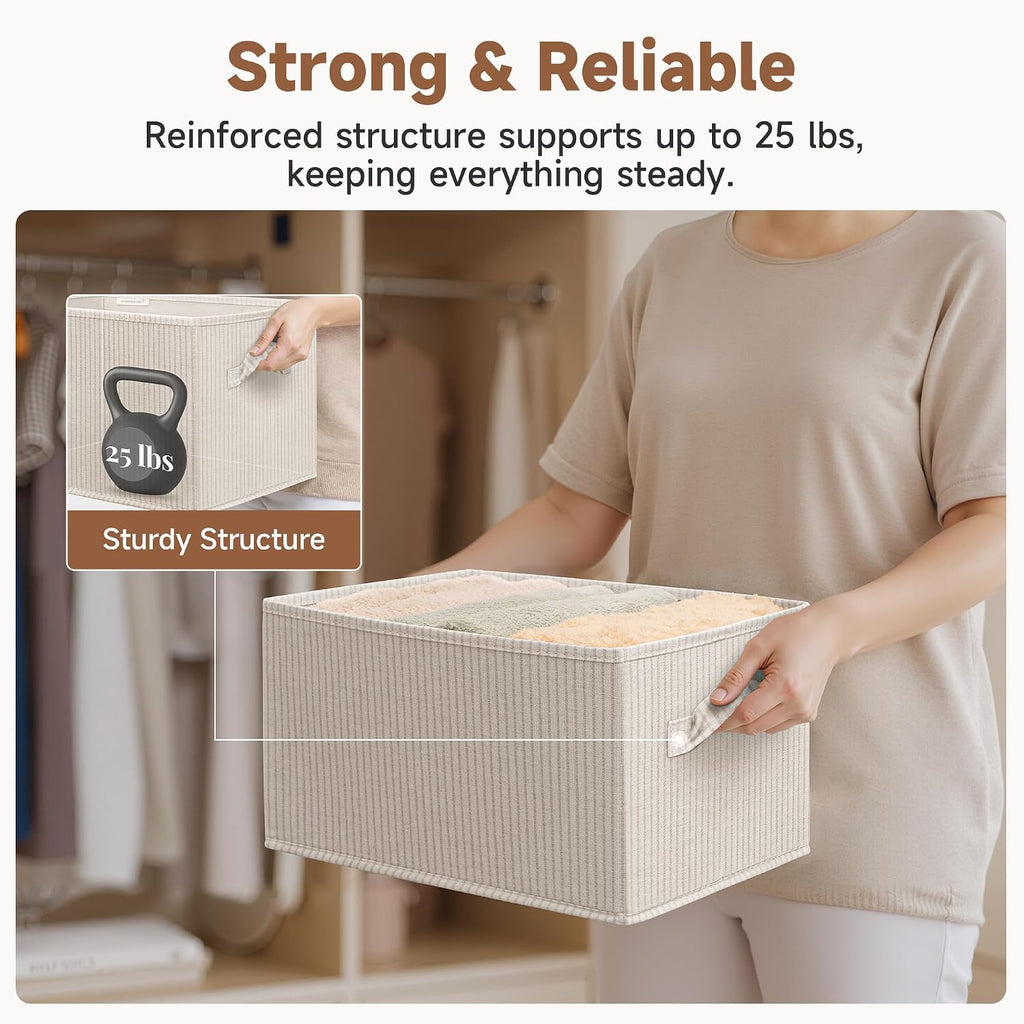 StorageWorks Shelf Organizer Bins, Beige Stripes, 3-Pack, Large