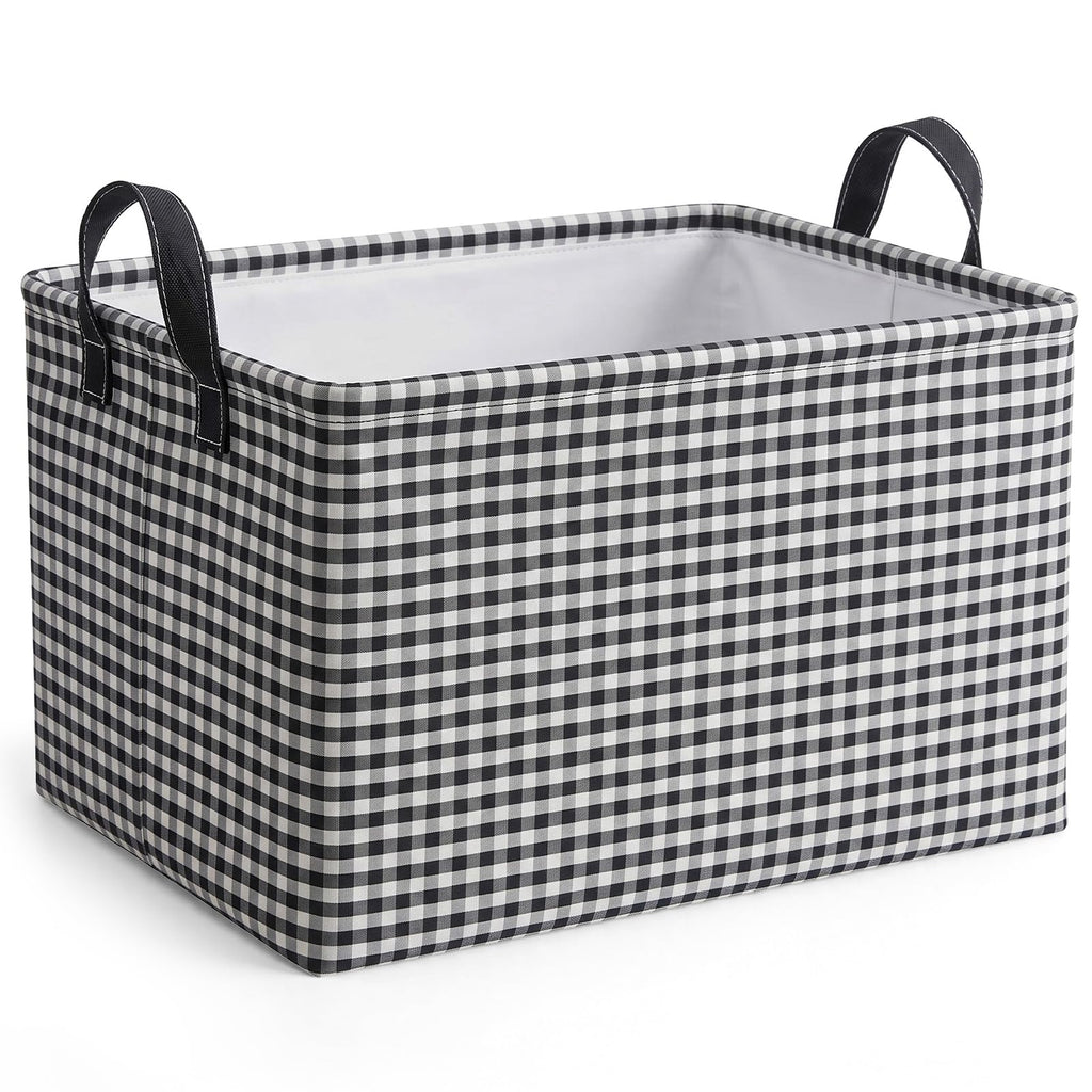 Hushee Khaki Gingham Basket Checkered Storage Collapsible Bin with Handles