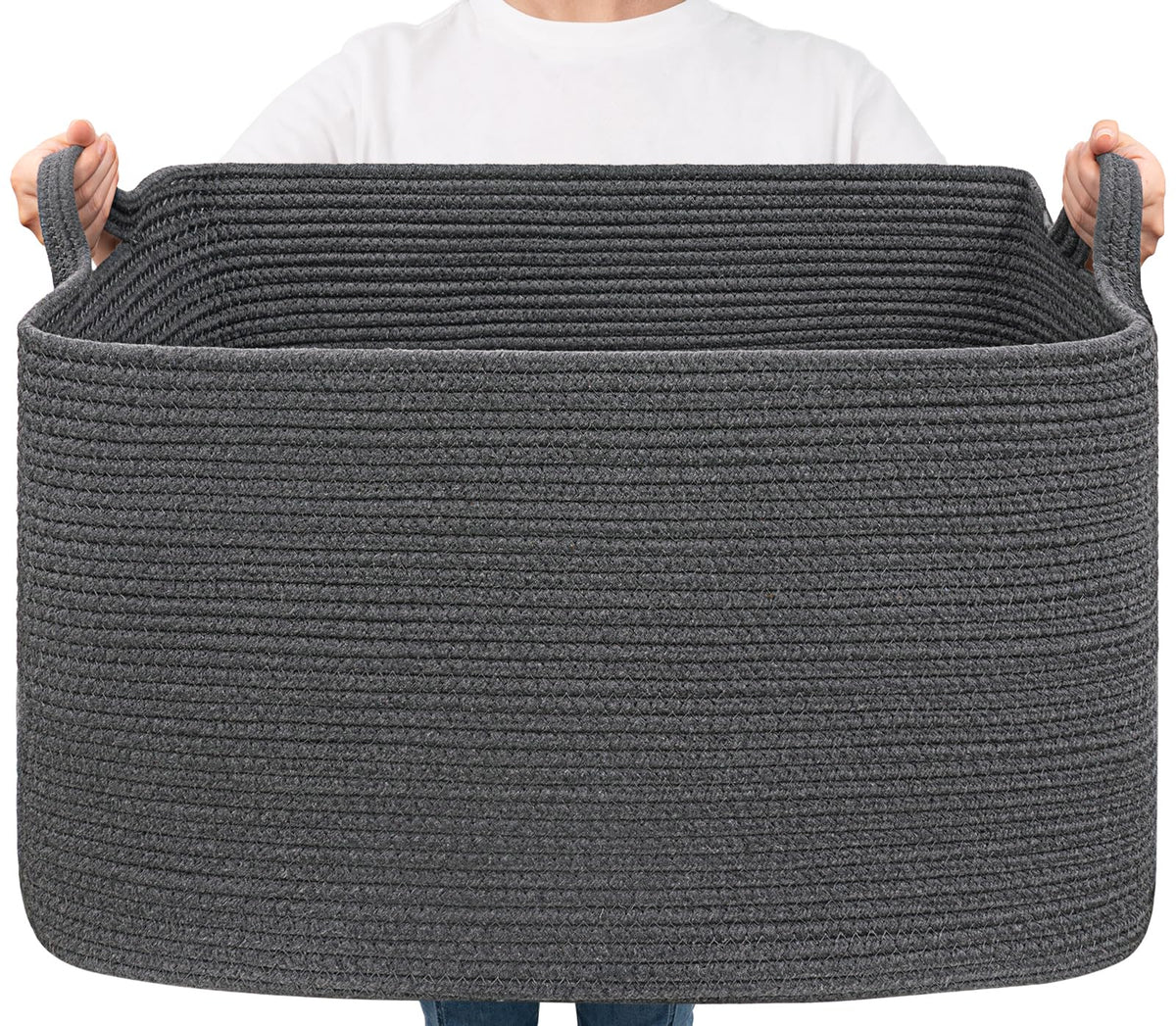 Goodpick Large Woven Rope Blanket Basket, Rectangle, White & Light Brown