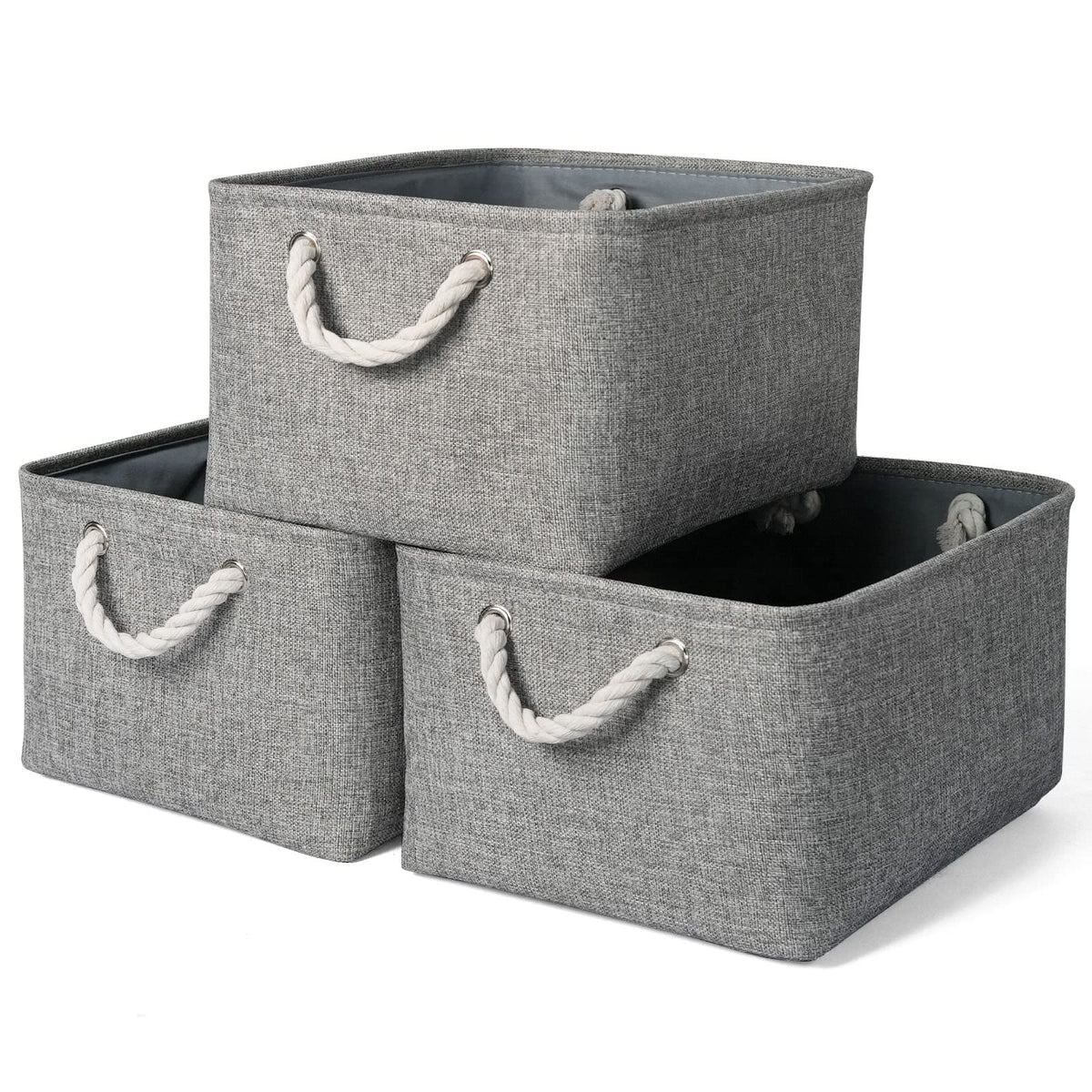 TheWarmHome Storage Basket for Organizing - Medium 3 Pack 14x10x7 inch Fabric Storage Cubes for Shelves with Rope, Collapsible Storage Bin for Organizer Closet Cloth Gift Toy (White & Jean Blue)