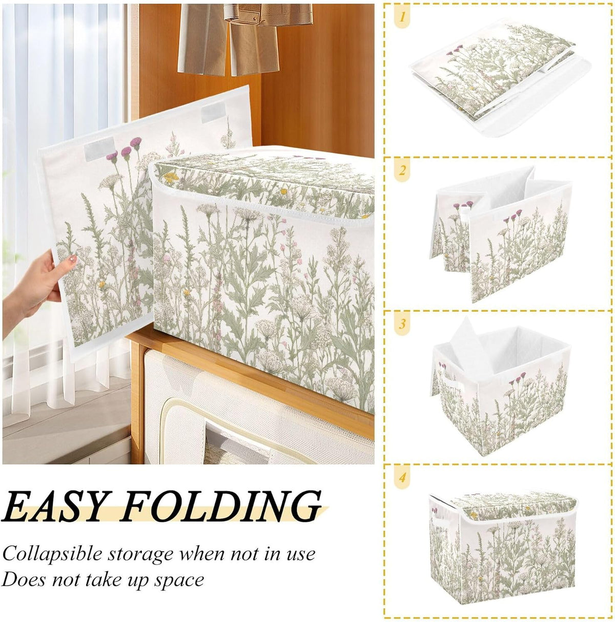 Vintage Colorful Herbs and Wild Flowers Floral Storage Bins with Lids and Carrying Handle,Foldable Storage Boxes Organizer Containers Baskets Cube with Cover for Home Bedroom Closet Office