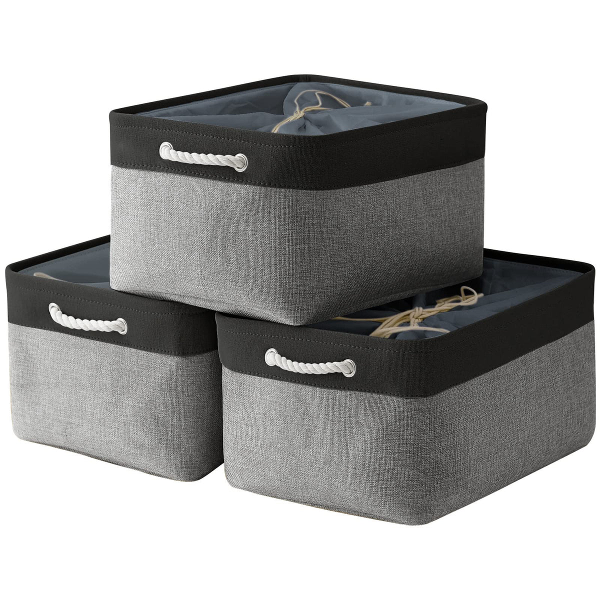 TheWarmHome Storage Basket for Organizing - Medium 3 Pack 14x10x7 inch Fabric Storage Cubes for Shelves with Rope, Collapsible Storage Bin for Organizer Closet Cloth Gift Toy (White & Jean Blue)