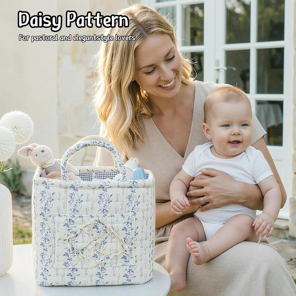 Quilted Fabric Car Storage Basket with Handles & Pocket, Foldable Laundry Hamper Boho Floral Print Organizer Bin for Home, Picnic, Office Nursery Cloth Toy 12"x10"x10" (Style E)