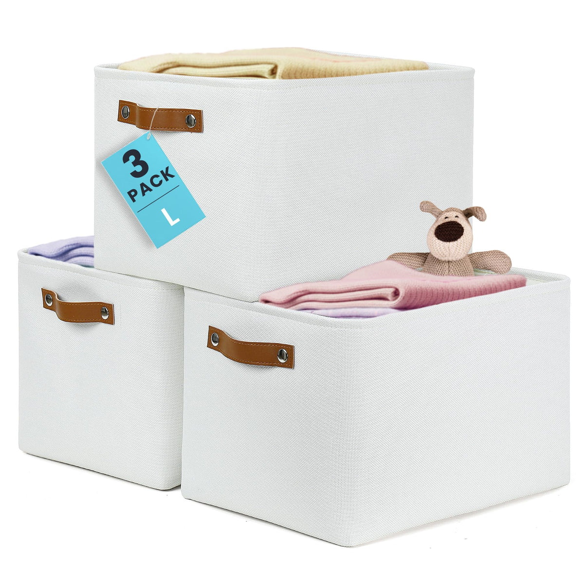 OrganiHaus 16x12.5in Storage Baskets, 3 Pack - Fabric Bins for Shelves