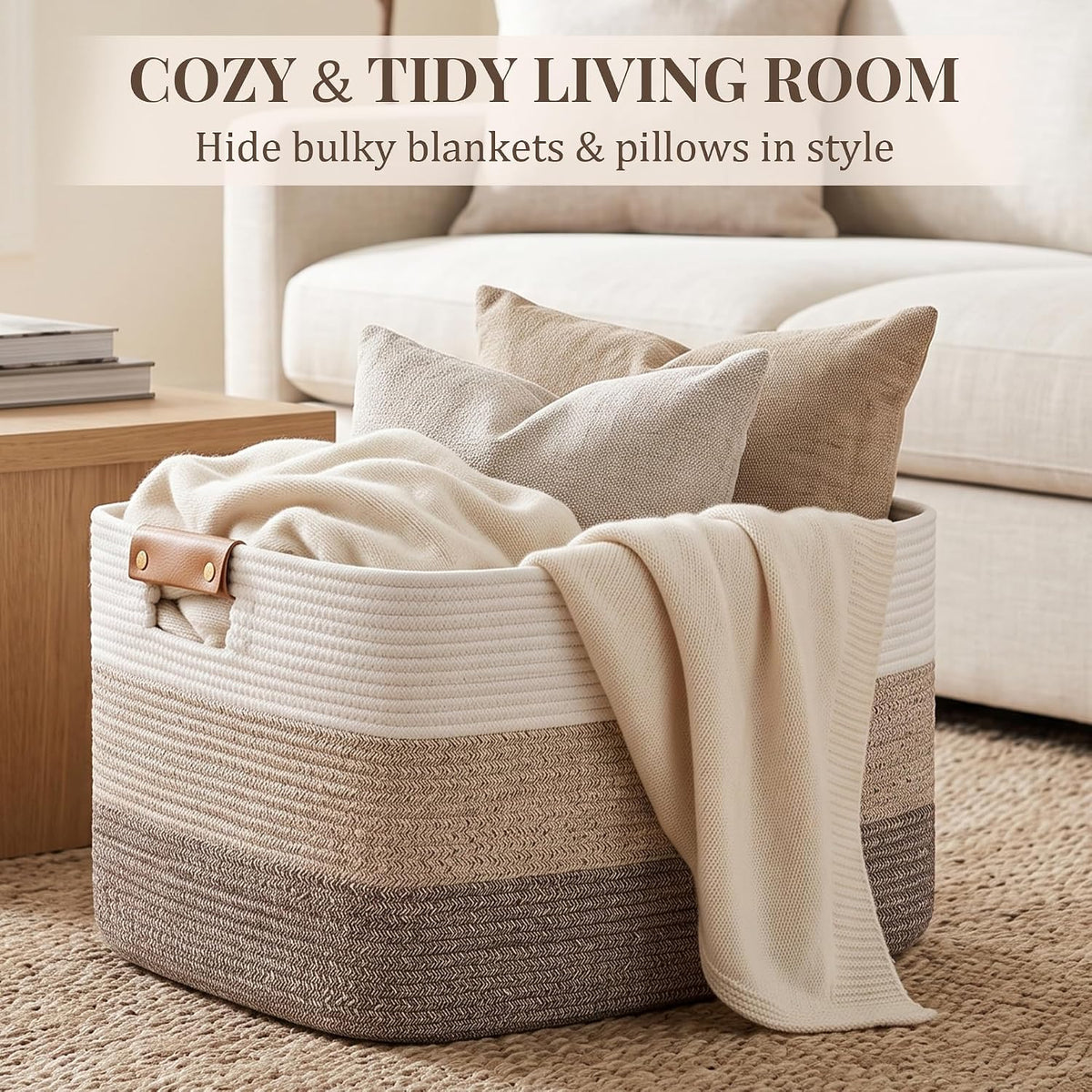 danpinera Blanket Basket, 72L Woven Storage basket with Leather Handle, Eco-friendly Decorative Storage Organization in Bathroom & Living Room for Towels 22 ''*17 ''*11.8 '', Gradient Brown