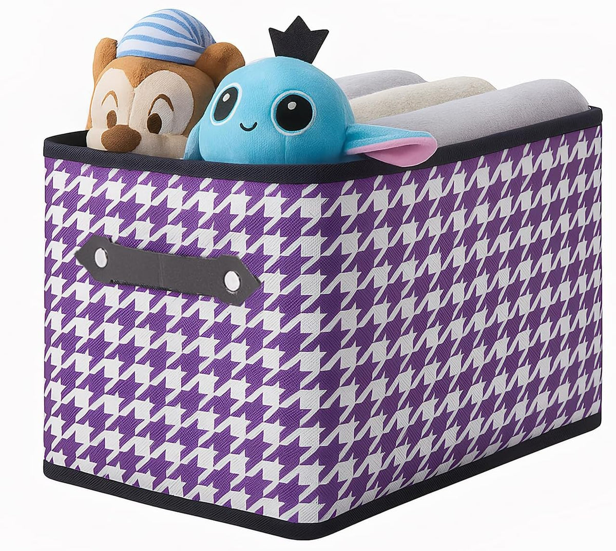 1 Pack Large Collapsible Storage Baskets for Shelves,14.9"x9.5" Fabric Closet storage Boxes with Leather Handles,Decorative Organizers Storage Bins for Clothes,Sheets,Books,(Purple Houndstooth