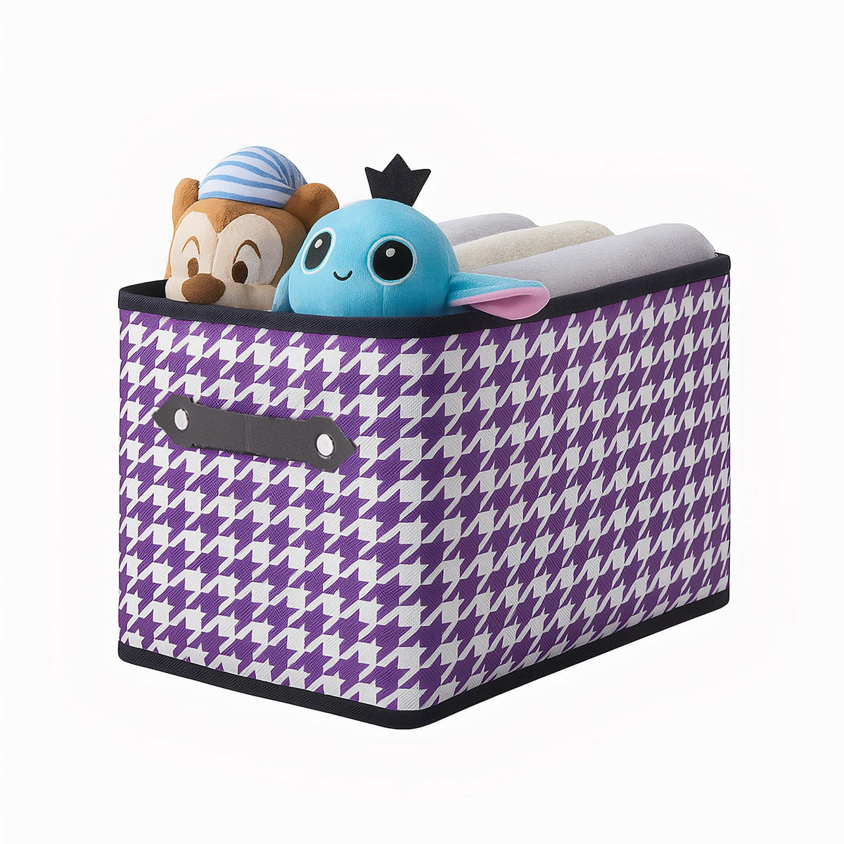 1 Pack Large Collapsible Storage Baskets for Shelves,14.9"x9.5" Fabric Closet storage Boxes with Leather Handles,Decorative Organizers Storage Bins for Clothes,Sheets,Books,(Purple Houndstooth