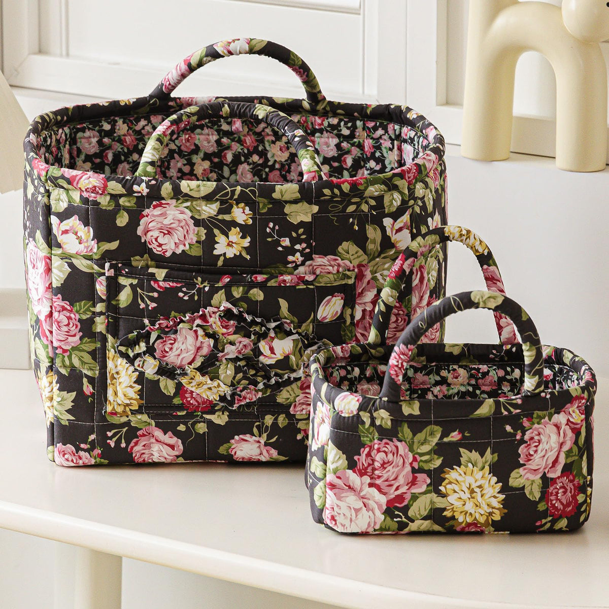 vctops 2 Pack Boho Fabric Quilted Storage Baskets for Organizing, Basket Organizer Gift Basket with Handles, Storage Bins for Toys, Books, Towels, and Clothes, Collapsible Fabric(Floral A)