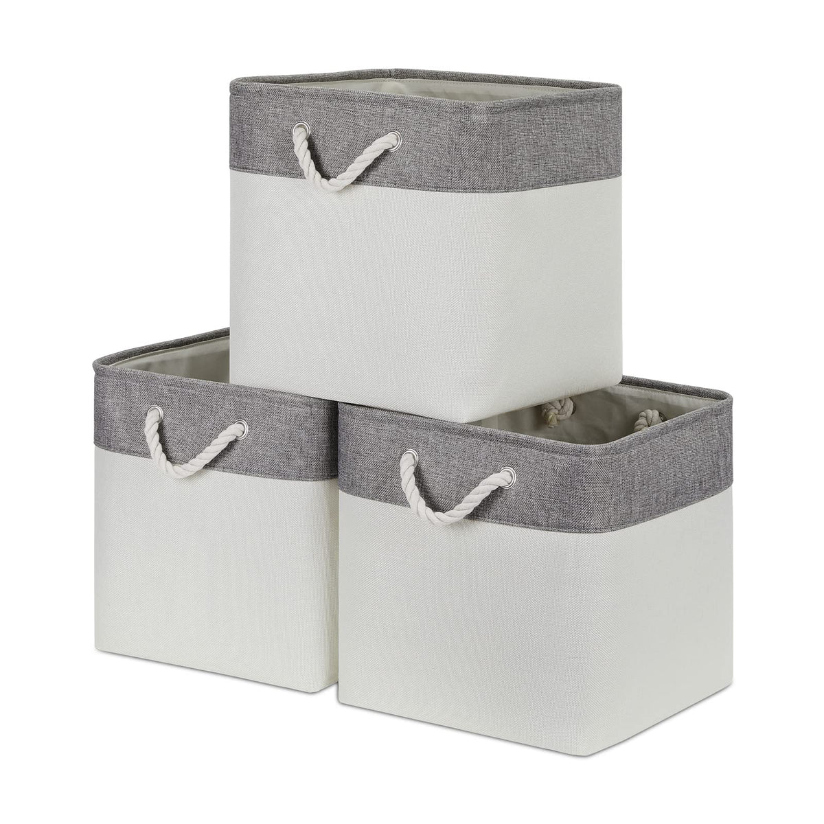 Bidtakay Baskets Set of 3 Storage Baskets for Organizing Large Fabric Storage Bins for Shelves Decorative Canvas Bins Collapsible Empty Baskets for Closet,Nursery,Clothes,Toys,Shoes(White&Grey)