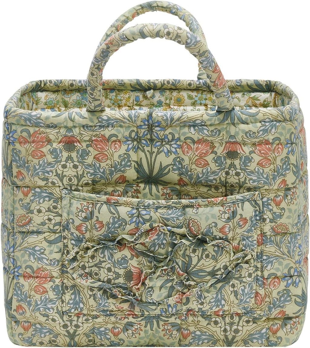 Quilted Fabric Storage Baskets with Handles, Boho Floral Gift Basket Foldable Organizer Bin for Home Decor, Picnic, Travel 12''x10''x10'' (Light Green)