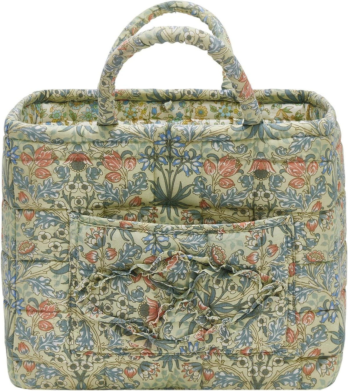 Quilted Fabric Storage Baskets with Handles, Boho Floral Gift Basket Foldable Organizer Bin for Home Decor, Picnic, Travel 12''x10''x10'' (Light Green)