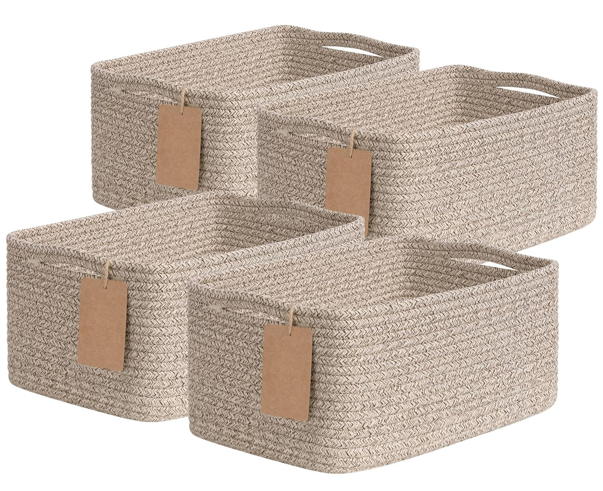 Goodpick 4 Pack Storage Baskets for Organizing Shelves, Light Brown & White