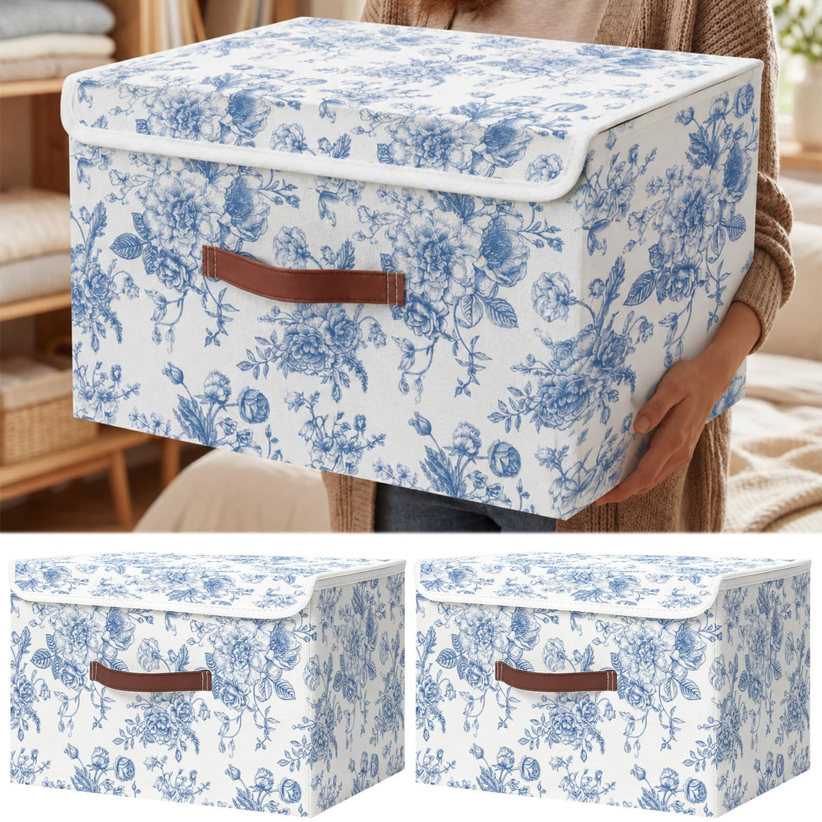 2 Pack Sage Green Floral Storage Bin with Lids, 15x10x10 Inch