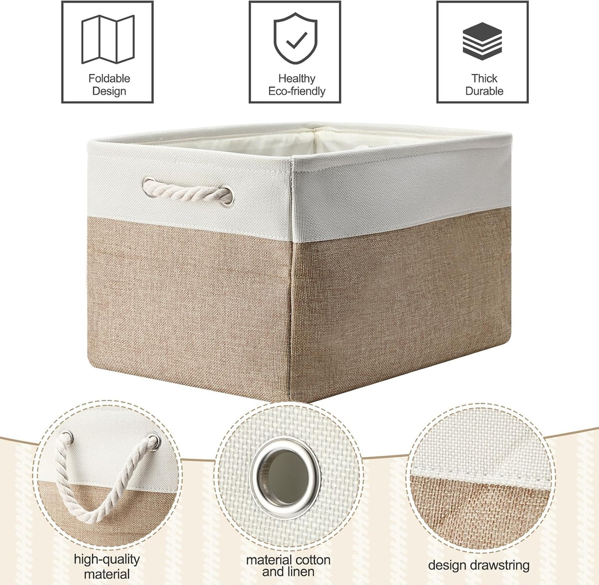 FoldTier 10 Pack Large Collapsible Fabric Storage Baskets with Handles Decorative Storage Bins for Organizing Shelves Toys Clothes(White & Beige,16 x 12 x 10 Inches)