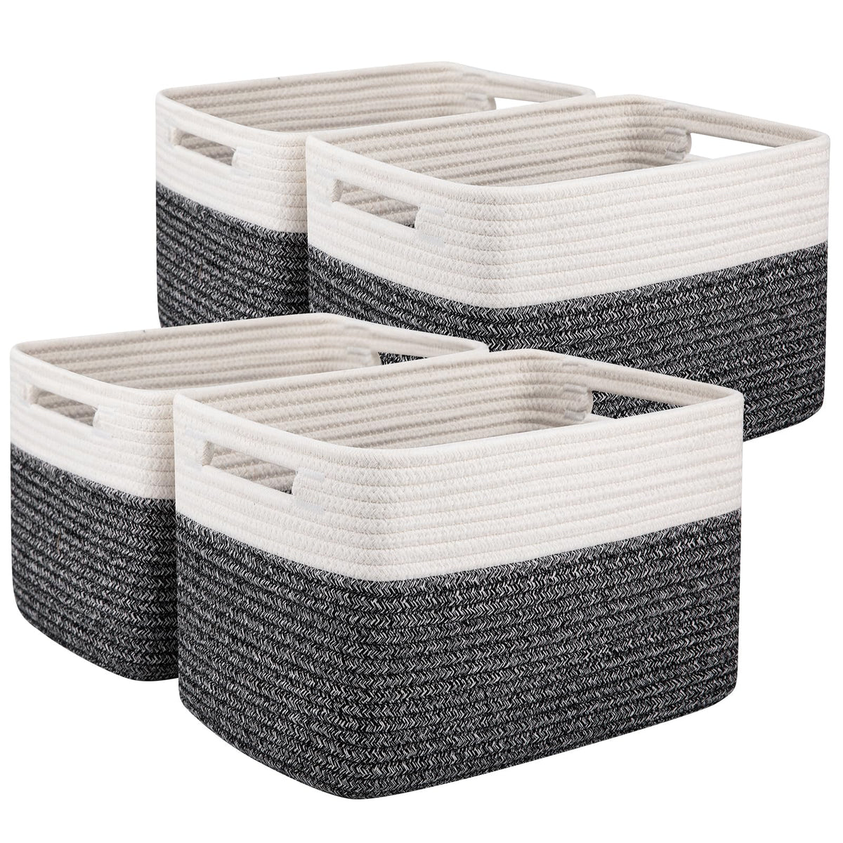 OIAHOMY 4 Pack Storage Basket, 13"x9"x7.8" Cotton Rope Baskets for Shelves, Closet Organizer for Bedroom & Living Room, Soft Decorative Bins for Organizing Towels, Books & Toys, Brown & White