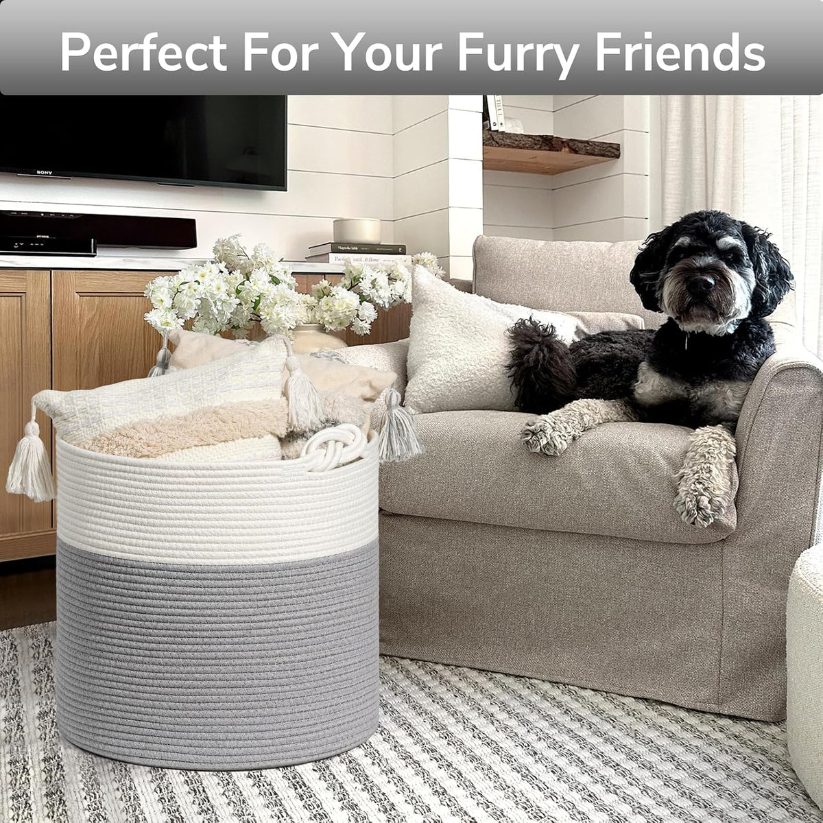 Goodpick Woven Rope Blanket Basket Living Room, 40L, Grey