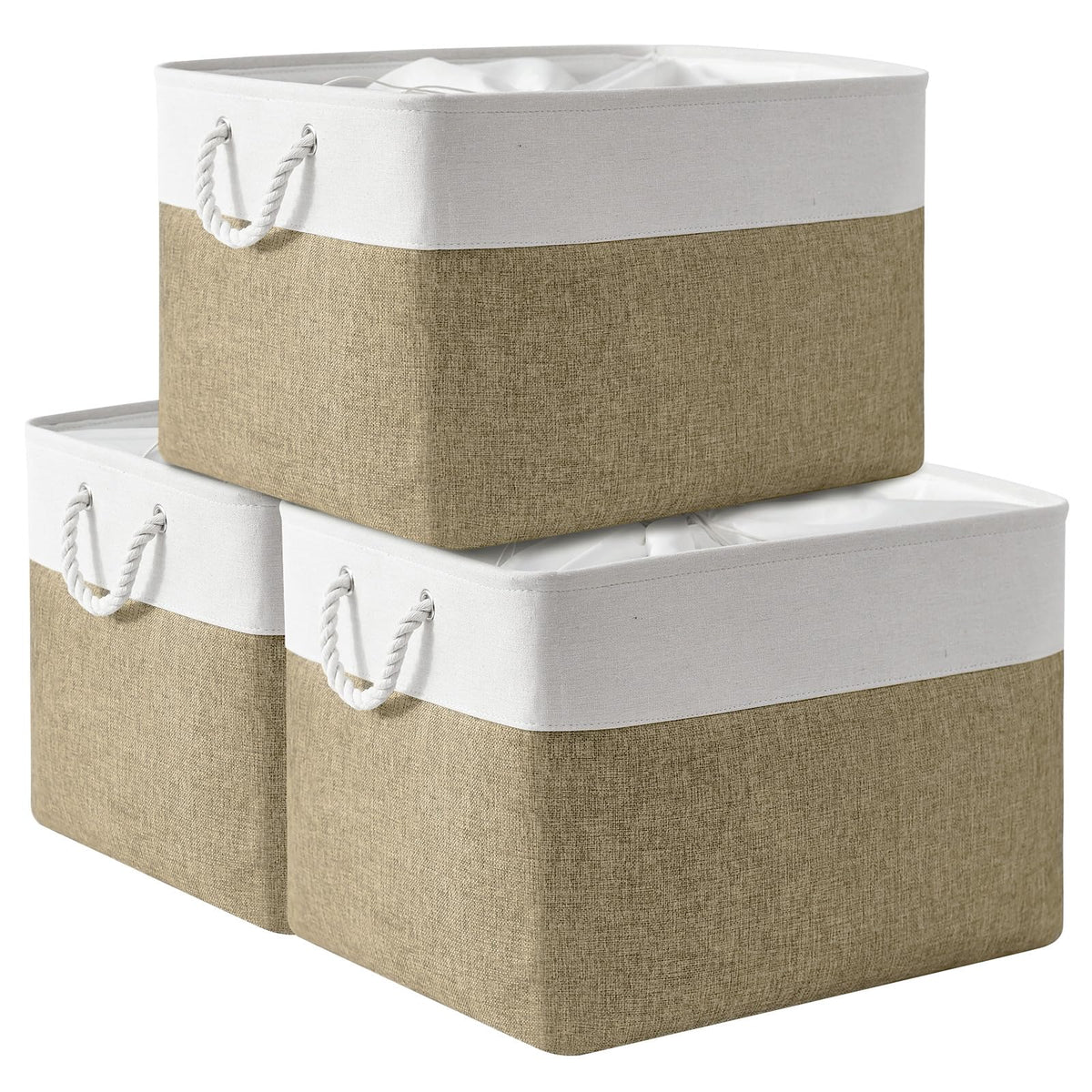 TheWarmHome Storage Basket for Organizing - Medium 3 Pack 14x10x7 inch Fabric Storage Cubes for Shelves with Rope, Collapsible Storage Bin for Organizer Closet Cloth Gift Toy (White & Jean Blue)