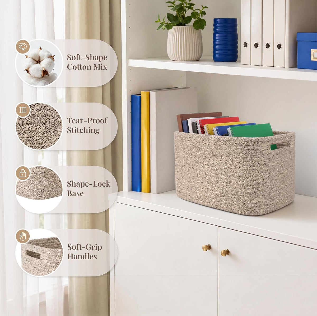 5 Pack Storage Baskets for Organizing, 13.7"×9.8"×7.8 ", natural