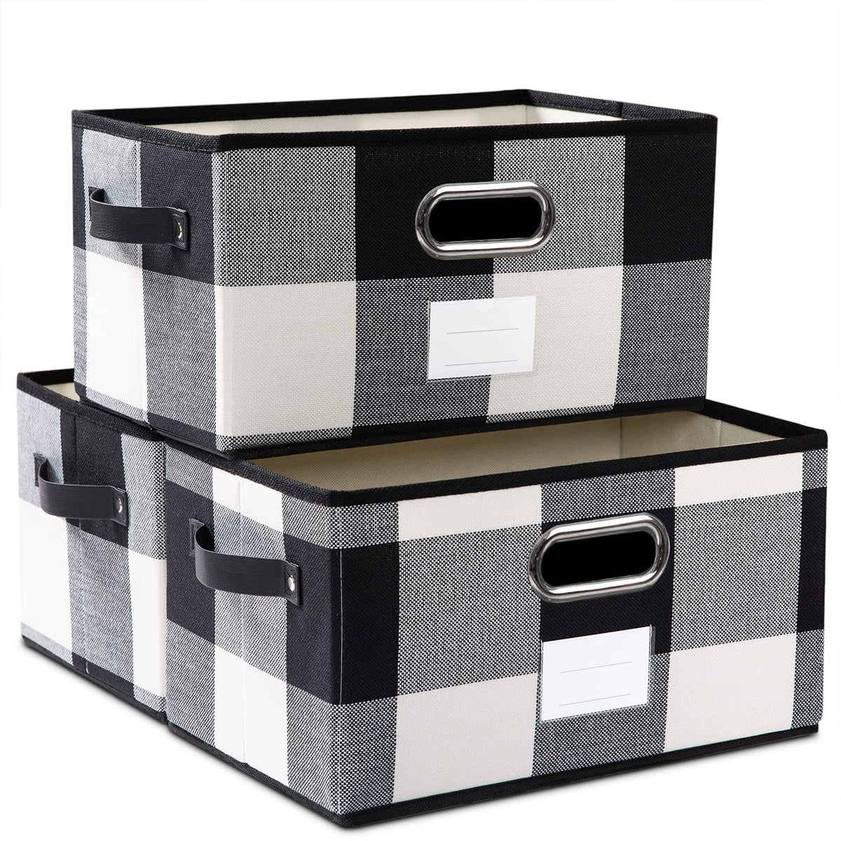 PRANDOM Large Foldable Storage Bins for Shelves [3-pack] Decorative Linen Fabric Storage Baskets Cubes with Leather/Metal Handles for Closet Nursery Office Grey and Black Trim (14.9x9.8x8.3 Inch)