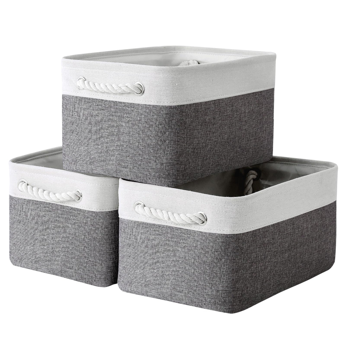 TheWarmHome Storage Basket for Organizing - Medium 3 Pack 14x10x7 inch Fabric Storage Cubes for Shelves with Rope, Collapsible Storage Bin for Organizer Closet Cloth Gift Toy (White & Jean Blue)