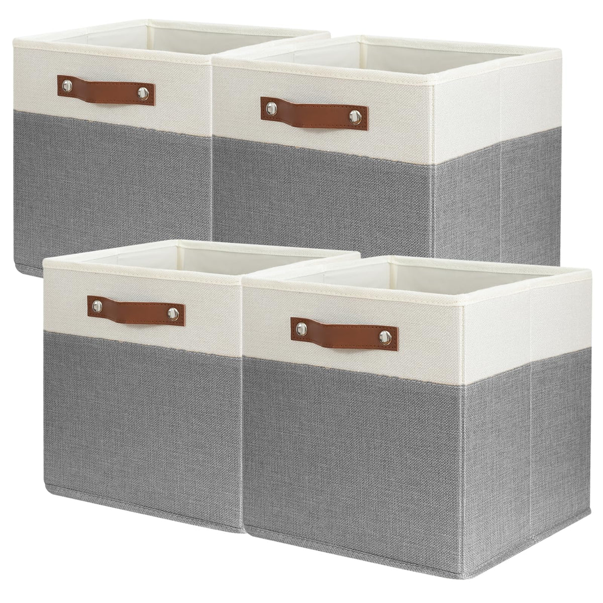 SNWDN 6 Pack Collapsible Fabric Storage Baskets with Handles (White/Beige 15''Lx10.2''Wx9''H)