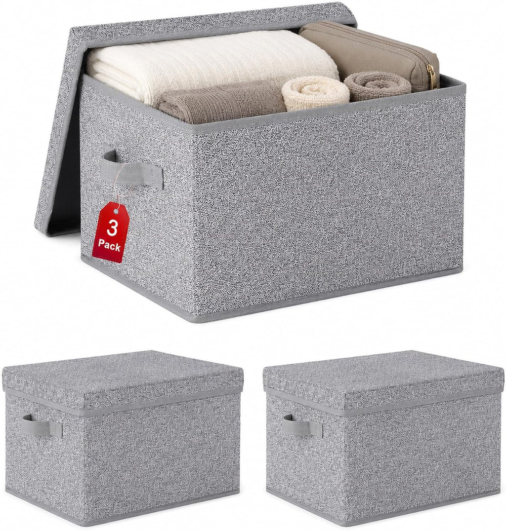 WUIKE Storage Bins with Lids, Decorative Boxes, Ash Gray, Large, 3-Pack