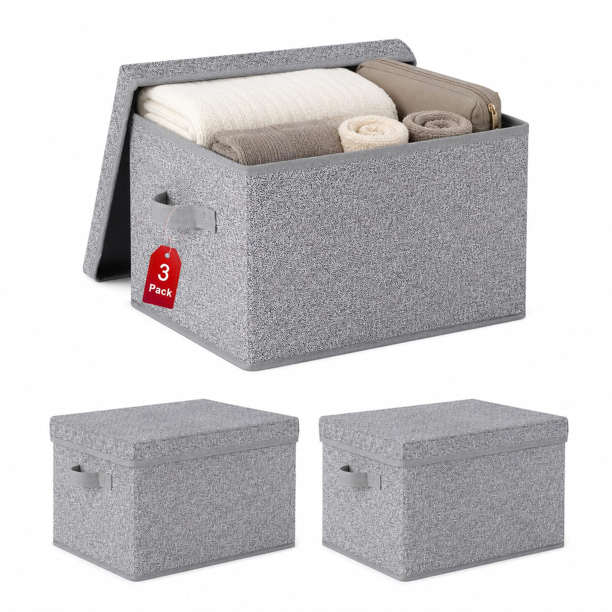 WUIKE Storage Bins with Lids, Decorative Boxes, Ash Gray, Large, 3-Pack