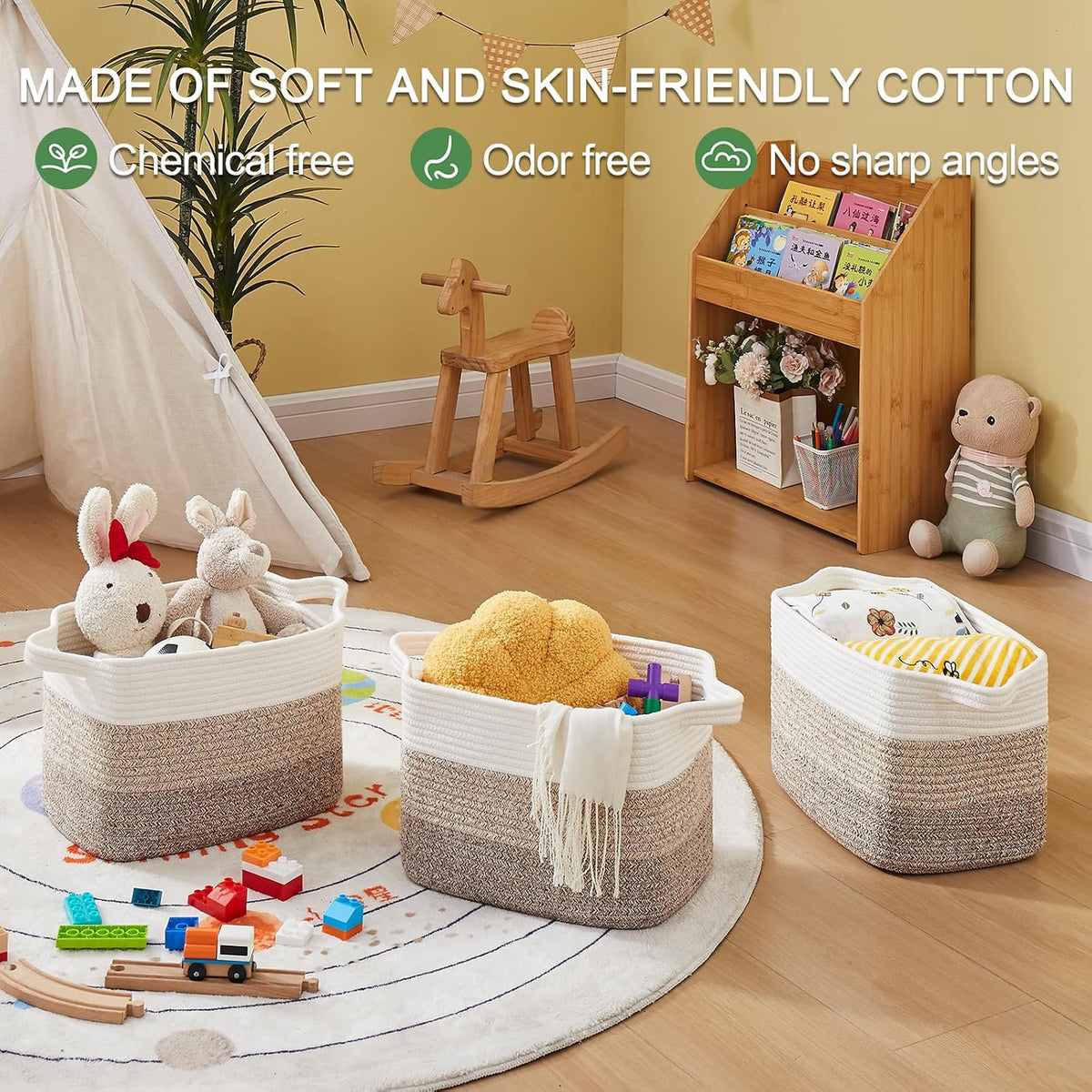 OIASKET Storage Baskets for Organizing, Woven Baskets for Shelves, Rectangle Decorative Organizer for Storage Clothes, Toy, Books, Towels Nursery Bins 3 Pack (Gradient Yellow, 13"x9.85"x8.7")