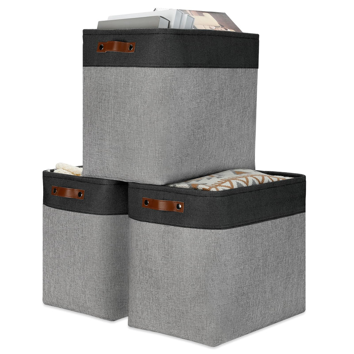 DULLEMELO Fabric Storage Bins for Laundry, Home, Foldable Storage Baskets for Shelves, Toys, Collapsible Storage Bins for Office, Closet,Bedroom(White&Khaki,L-15"x11"x9.5",4-Pack)