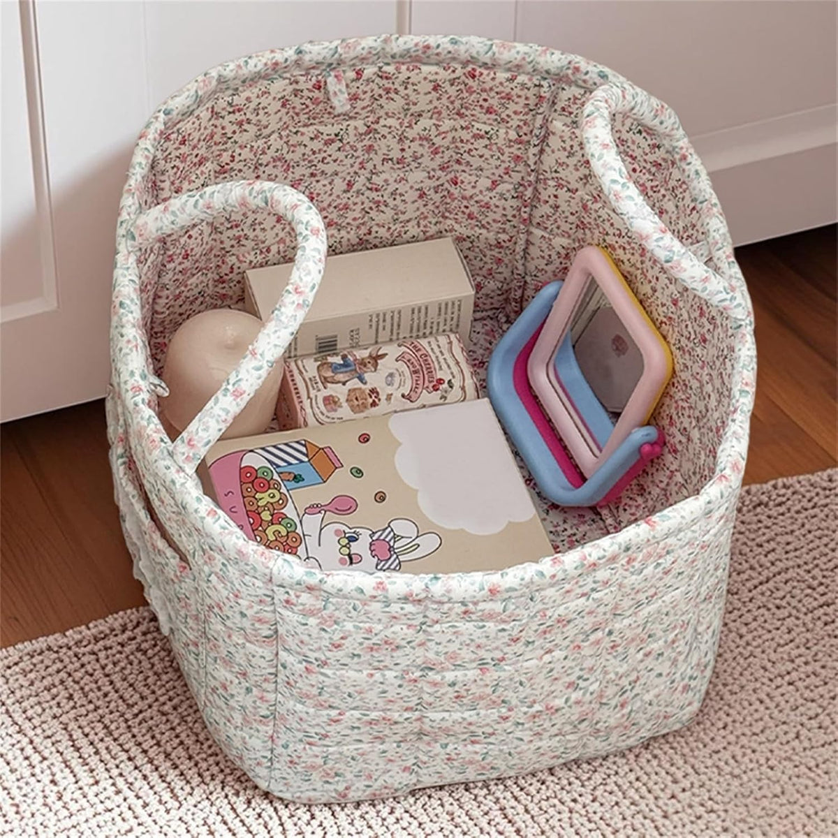 Boho Fabric Storage Basket Quilted Floral Print Baskets Organizer Bin with Handles for Home, Picnic, Shopping (Green, L)