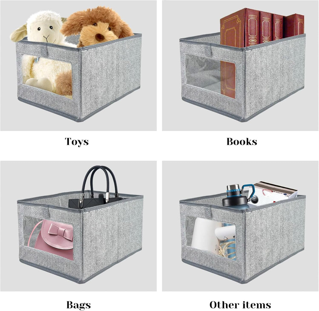 6 Pieces Linen Closet Storage Bins with Clear Window, Shelf Basket Closet Clothes Organizer Storage Containers for Organizing Shelves Wardrobe Office Clothing Books