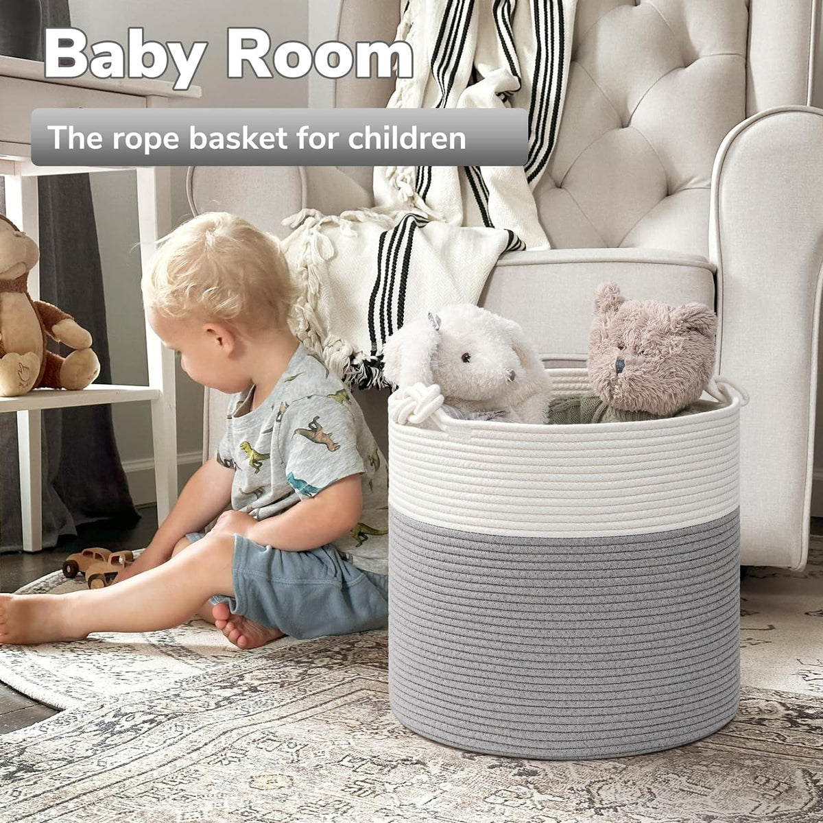 Goodpick Woven Rope Blanket Basket Living Room, 40L, Grey