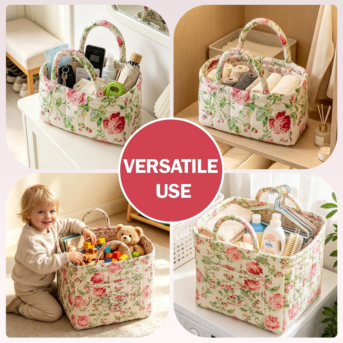 vctops 2 Pack Boho Fabric Quilted Storage Baskets for Organizing, Basket Organizer Gift Basket with Handles, Storage Bins for Toys, Books, Towels, and Clothes, Collapsible Fabric(Floral A)