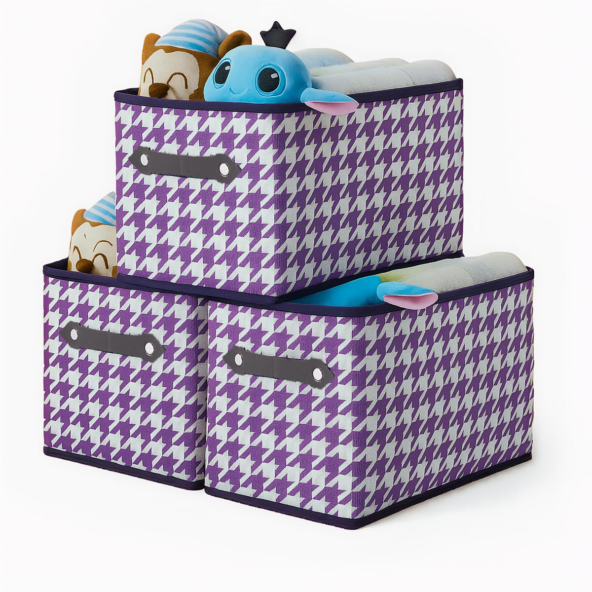 1 Pack Large Collapsible Storage Baskets for Shelves,14.9"x9.5" Fabric Closet storage Boxes with Leather Handles,Decorative Organizers Storage Bins for Clothes,Sheets,Books,(Purple Houndstooth