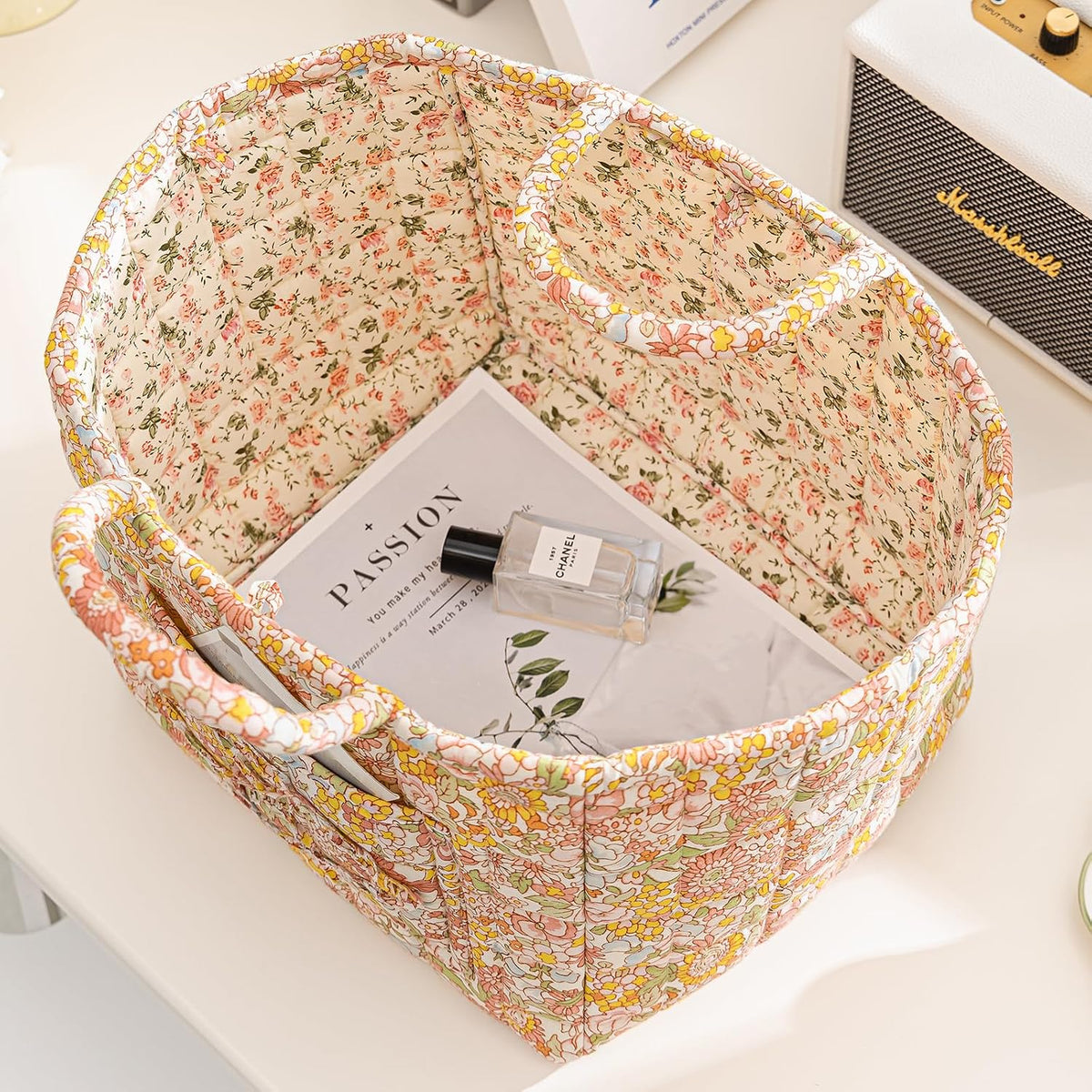 vctops Boho Fabric Quilted Storage Basket for Organizing, Basket Organizer Gift Baskets with Handles, Storage Bins for Toys, Books, Towels, and Clothes, Collapsible Fabric(Pattern F,13"x10.6"x10")