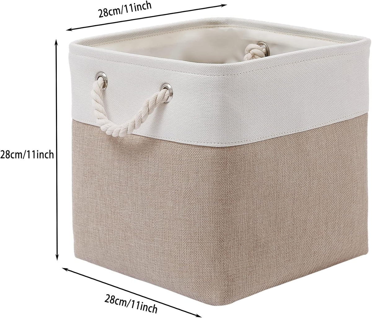 MidmmVick 11 x 11 Inch Cube Storage Bins, 6 Pack Large Collapsible Fabric Storage Bin with Ropes, Foldable Storage Cubes for Home, Office,Closet, Clothes, Toys Organizer (White & Beige-11"x11"x11")