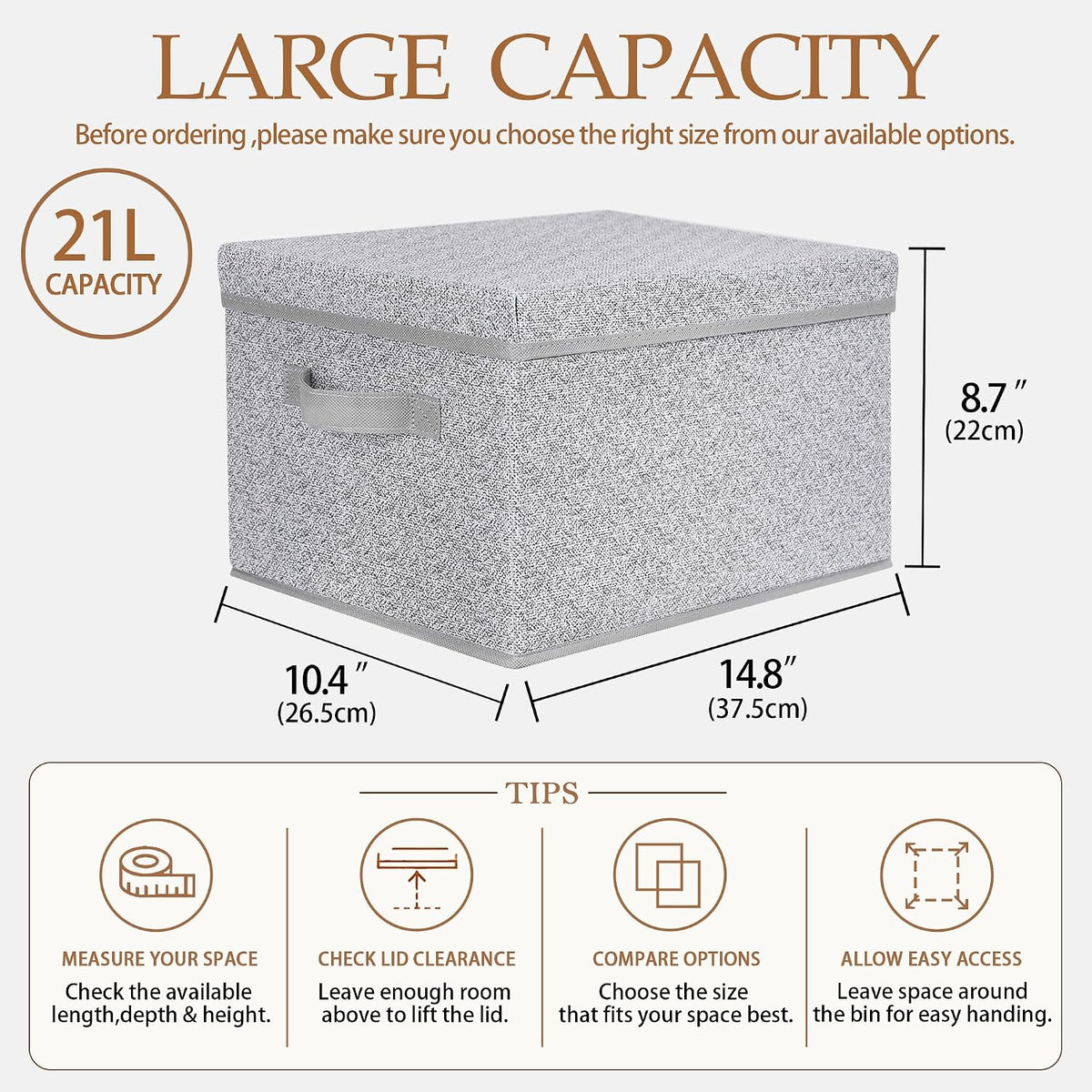 WUIKE Storage Bins with Lids, Decorative Boxes, Ash Gray, Large, 3-Pack