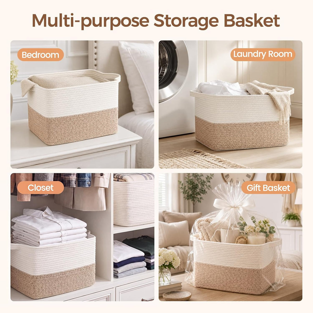 OIAHOMY Woven Storage Basket, Small Baskets for Organizing Brown & White
