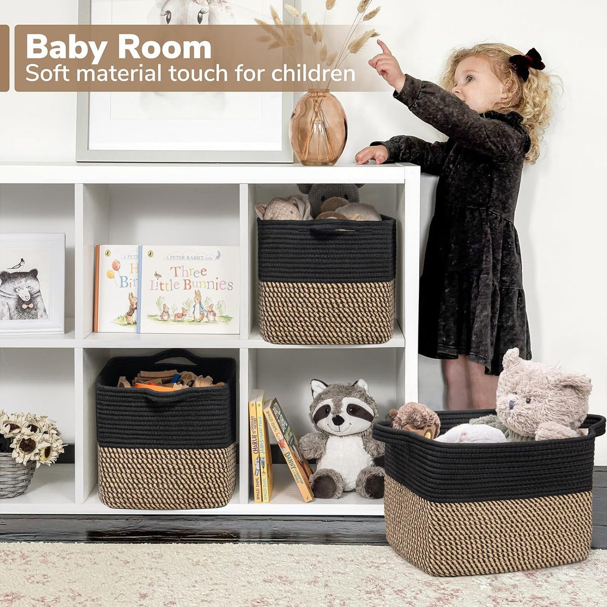 Goodpick Woven Storage Basket for Shelves, 13" x 10" x 9", Black Jute