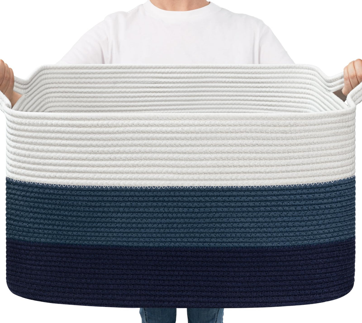 Goodpick Large Woven Rope Blanket Basket, Rectangle, White & Light Brown